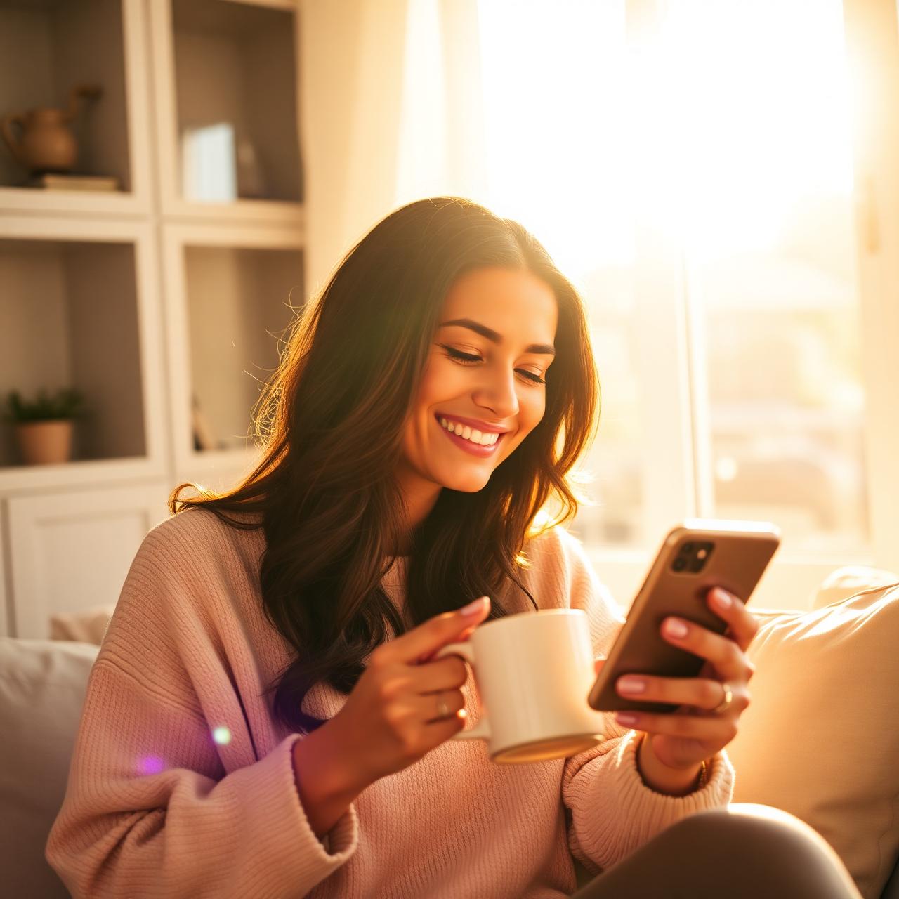 Mulher tranquila conferindo suas finanças no celular